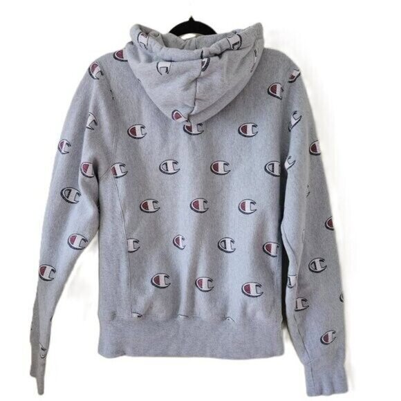 Champion Hoodie Mens S Grey Reverse Weave Kanga Pocket LS AOP Y2K Preppy Casual - Picture 2 of 12